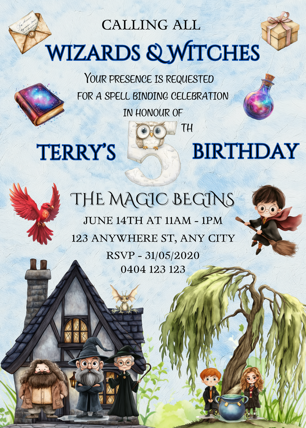 Numbered 1 to 12 Editable Harry Potter Themed Birthday Invitations - Bonus Favor Bag Tag