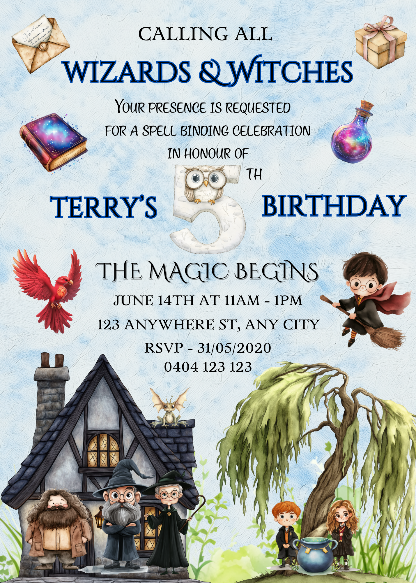Numbered 1 to 12 Editable Harry Potter Themed Birthday Invitations - Bonus Favor Bag Tag