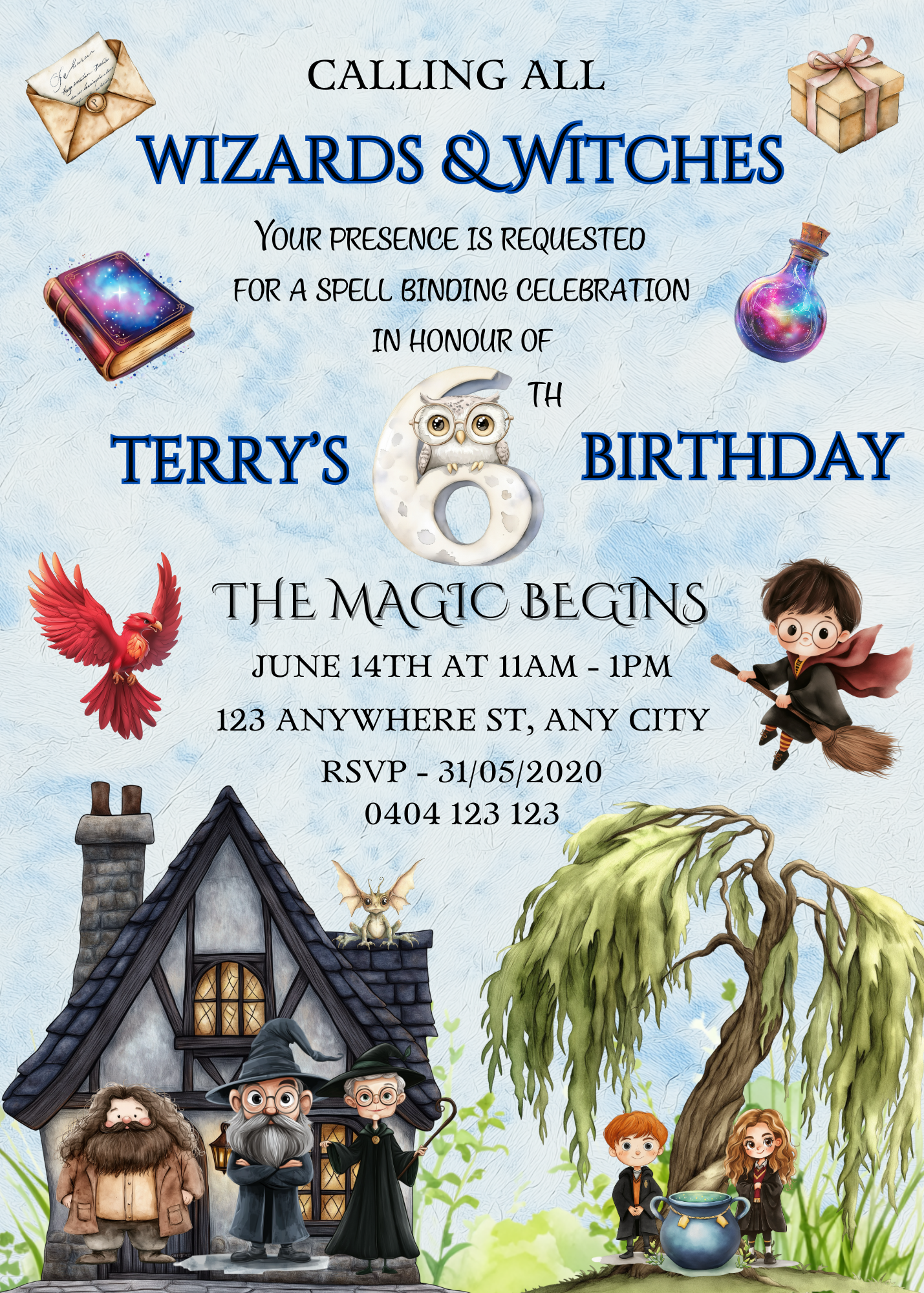 Numbered 1 to 12 Editable Harry Potter Themed Birthday Invitations - Bonus Favor Bag Tag