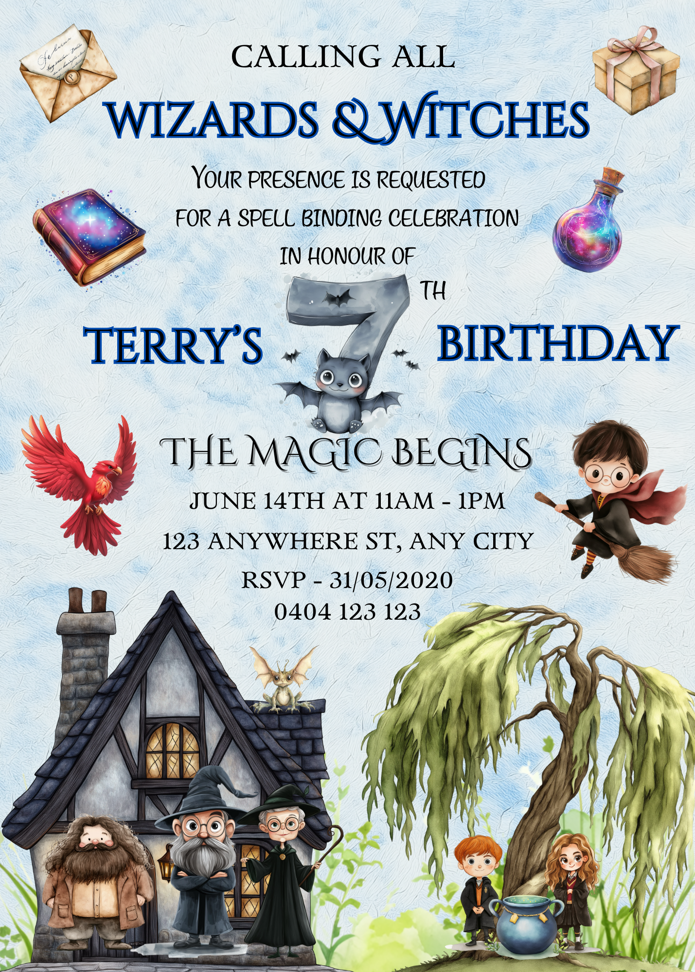 Numbered 1 to 12 Editable Harry Potter Themed Birthday Invitations - Bonus Favor Bag Tag
