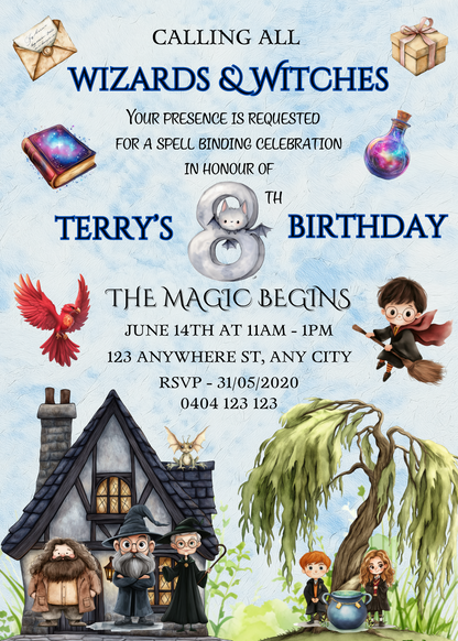 Numbered 1 to 12 Editable Harry Potter Themed Birthday Invitations - Bonus Favor Bag Tag