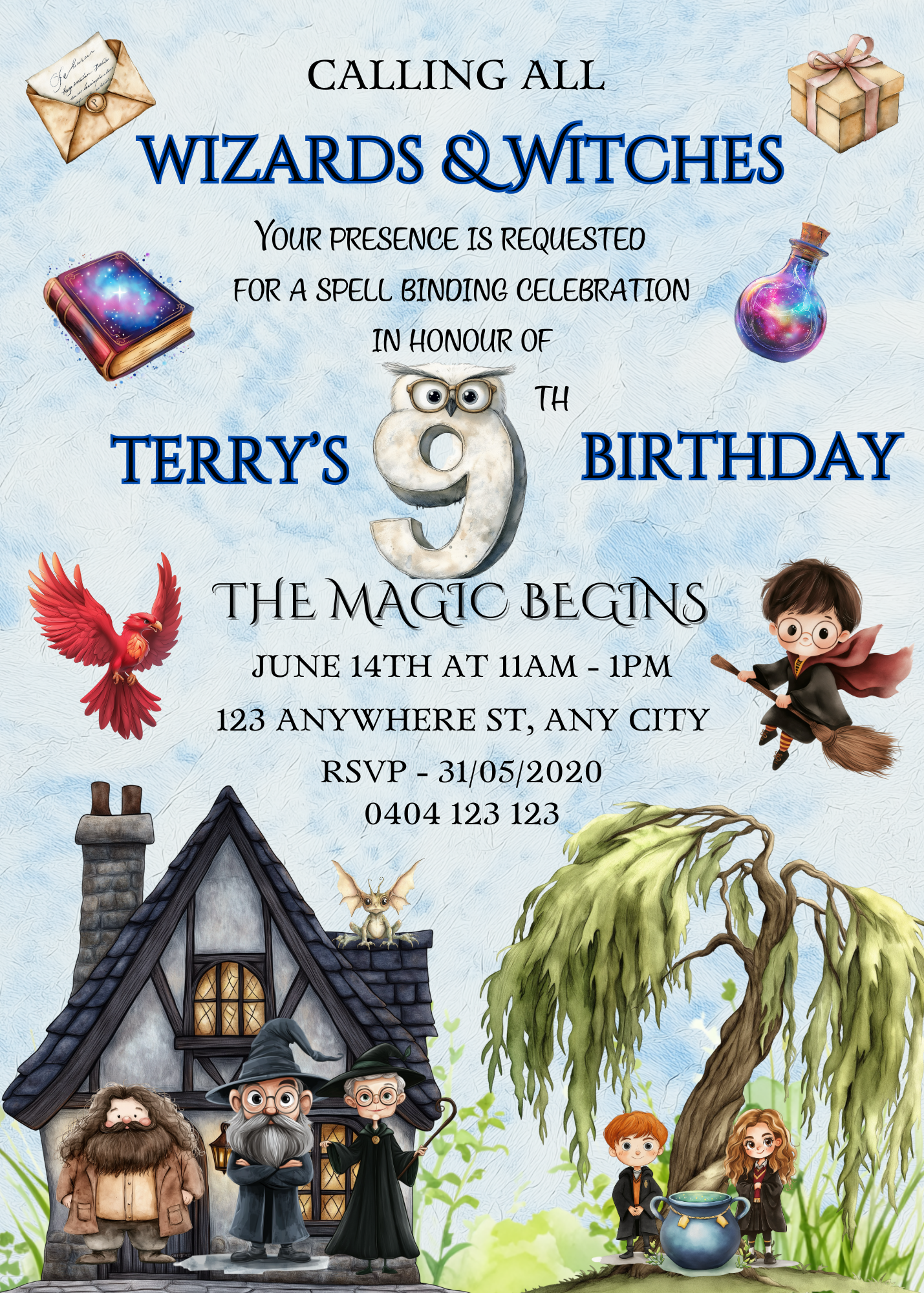 Numbered 1 to 12 Editable Harry Potter Themed Birthday Invitations - Bonus Favor Bag Tag