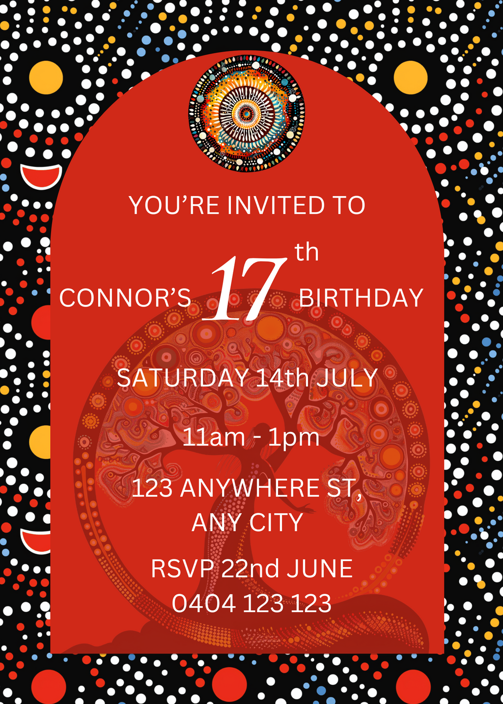 Editable Red Dot Aboriginal Art Birthday Invitation