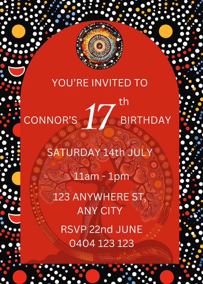 Editable Red Dot Aboriginal Art Birthday Invitation
