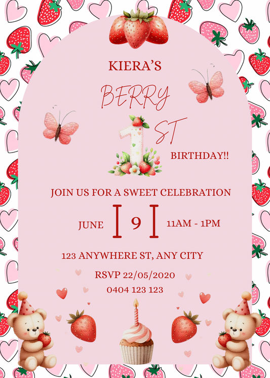 Editable Berry First Birthday Invitation Bonus Free Favor Tag