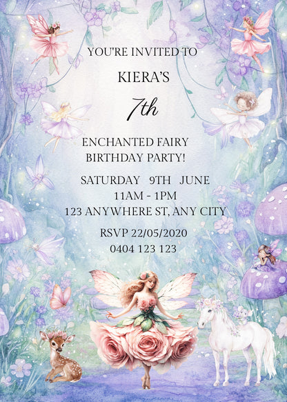 Editable Rose Birthday Fairy Invitation, Bonus Free Gift Tag