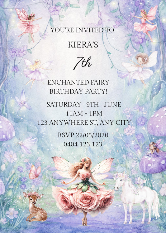 Editable Rose Birthday Fairy Invitation, Bonus Free Gift Tag